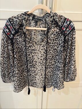 Ina Black & Cream Leopard Print Peasant Blouse with Embellished Shoulders